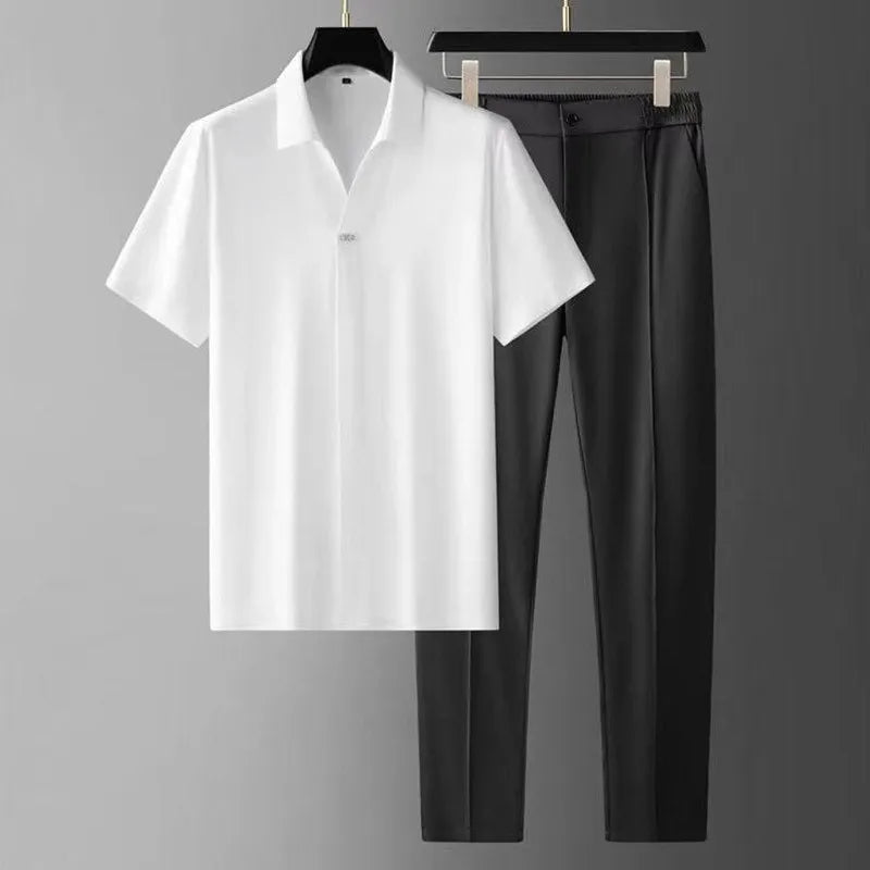 Summer New Fashion Solid Color Ice Silk Short - Sleeved Shirt Set Men's Casual Relaxed Comfortable - View 5 | SAMAG