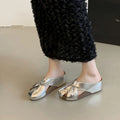 Metallic Wedge Sandals Women Cutout Bow Slippers Platform Thick Sole Closed Toe Mules Summer Outdoor Casual Beach Slides Shoes