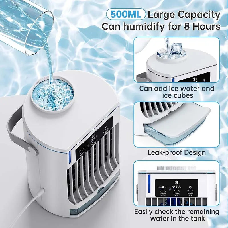Portable USB Mini Cooling Air Conditioner 3 Speeds Bladeless Fan 5 White Night Light OEM Personal Home Office Air Plastic Hotels