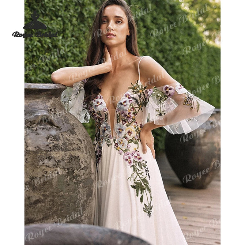 Colorful Floral Chiffon A Line Wedding Dresses Off - View 5 | SAMAG