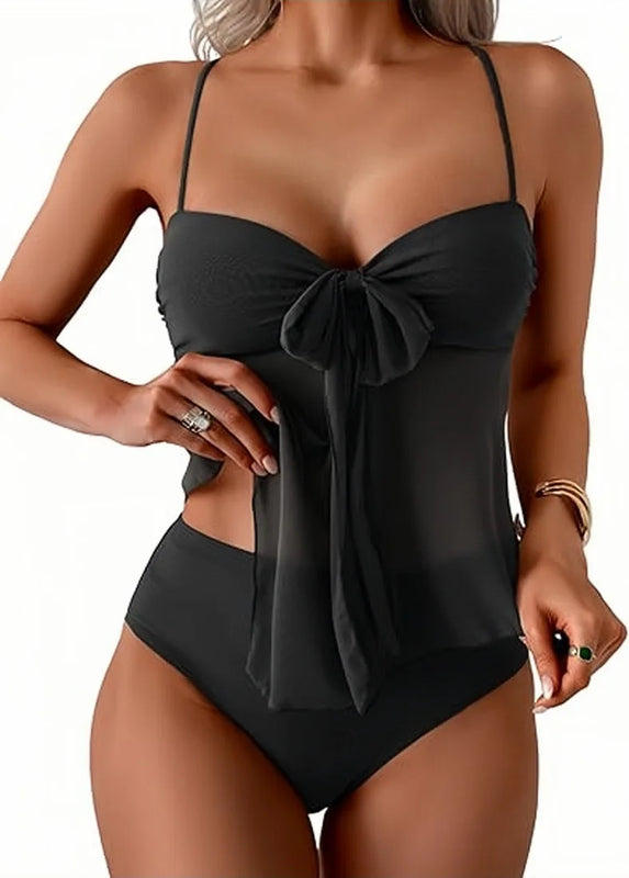 Women Solid Front Bow Chiffon Tankini Spaghetti Strap | SAMAG