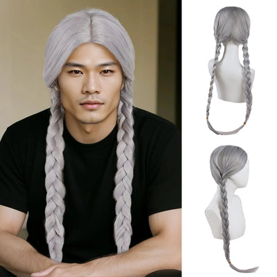 Silvery Grey Braided Wigs for Men Synthetic Hair Long Gray Wig Dreads Halloween Costume for Man Willie Nelson Wig Braid 32 inch