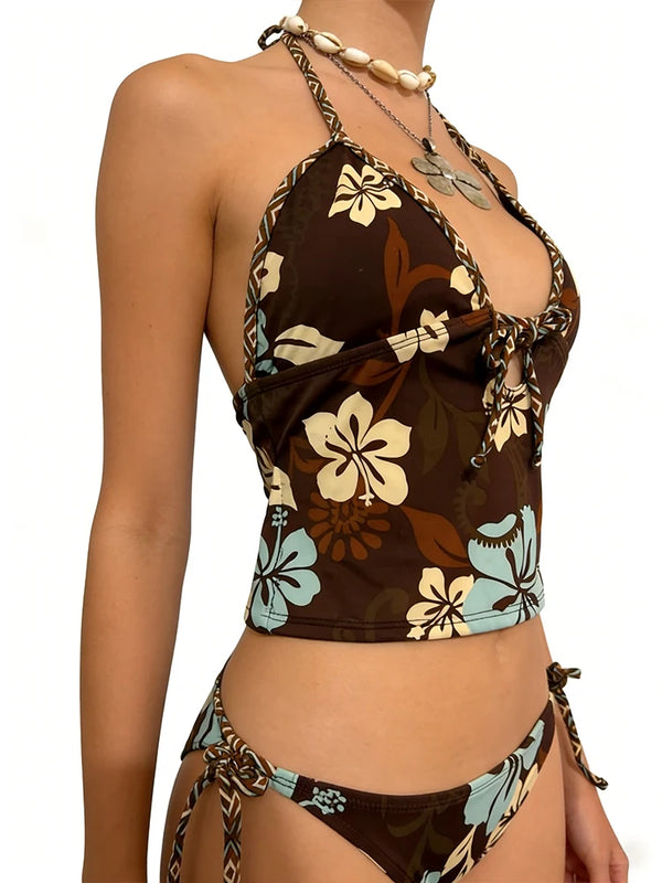 Women Y2K Tropical Floral Tankini Set, Halter Tie Front | SAMAG