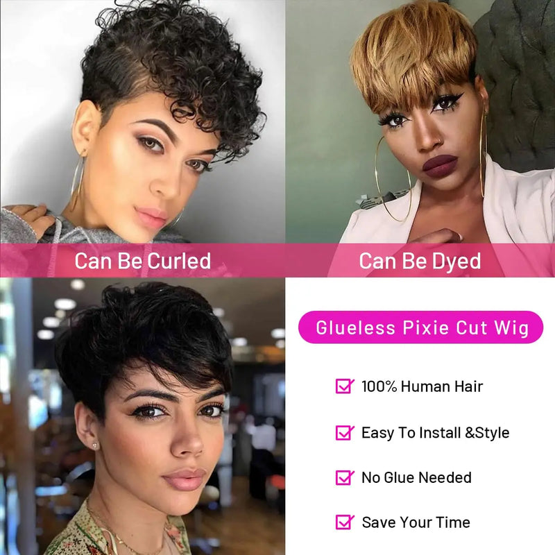 PIxie Cut Wigs for Black Women Human Hair Short Bob Wig Human Hair Wigs with Bangs Layered Style Bob Wigs for Women Machine