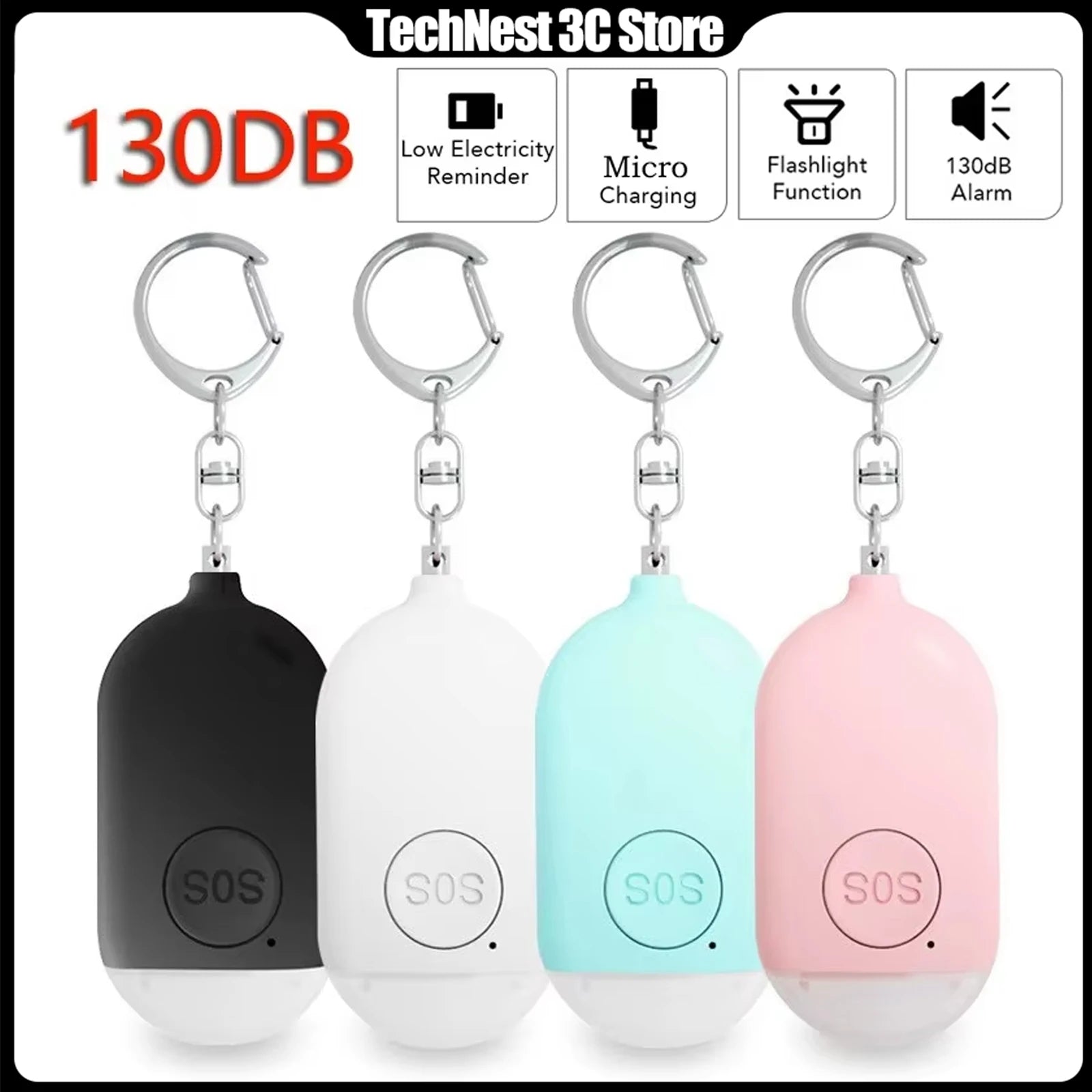 Personal SOS Defense Alarm 130dB With LED Light Rechargeable Self Defense Woman Safety Alarm Key Chain Emergency Anti-Attack