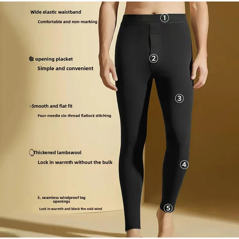 Thicken Fleece Lined Thermal Pants Men Slim Fit Double Sided Brushed Velvet Inner Wear Seamless Cold Resistant Autumn Pants Set