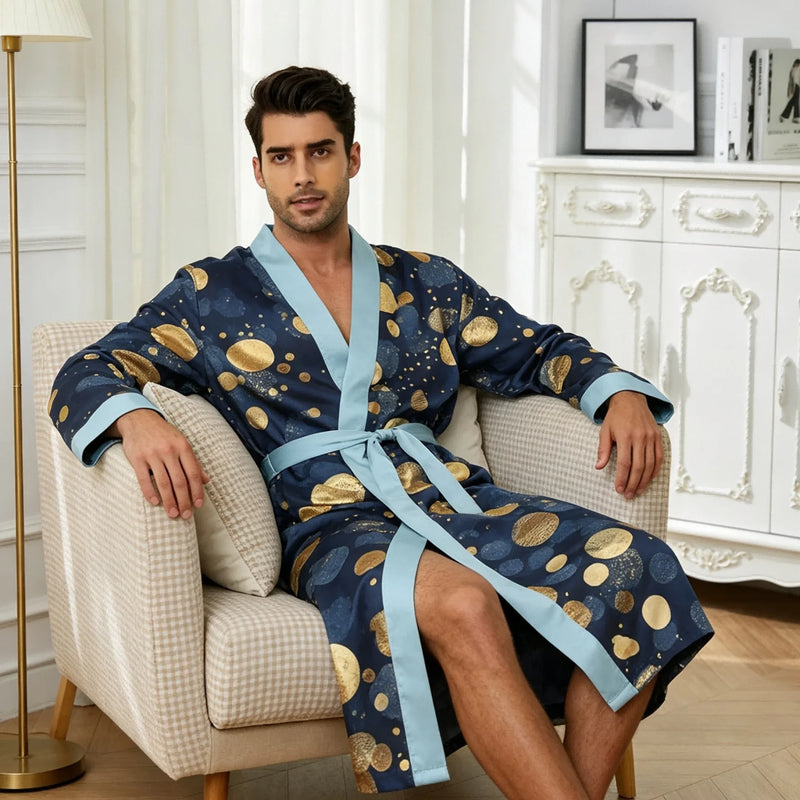 Men's lightweight quick-drying pajama bathrobe - 3D digital printing, non-fading design, stand-up collar and adjustable waistban