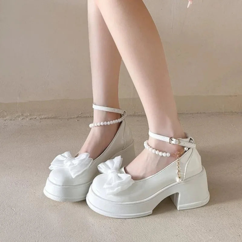 Fashion Versatile Bow Decor Round Toe High Heel Shoes for Women 2026 New Pearl Chain Solid Thick Heel Casual Comfort Single Shoe