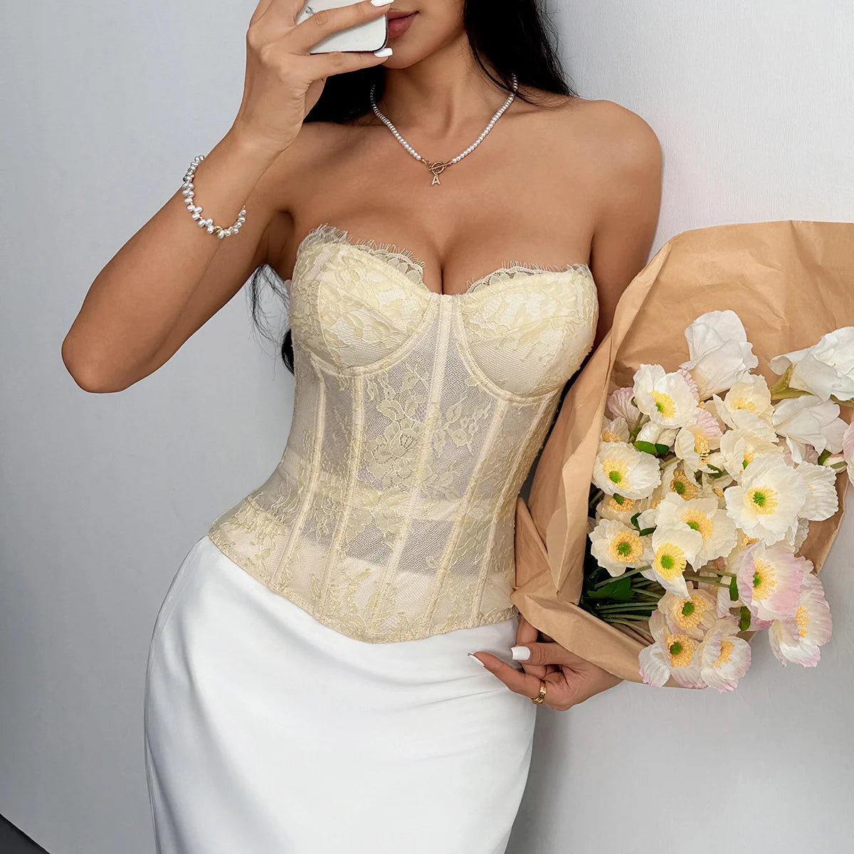 Y2K Sexy Lace Beige Floral Embroidery Vest Women Elegant Steel Ring Transparent Slim Fit Fishbone See Through Crop Top Corset