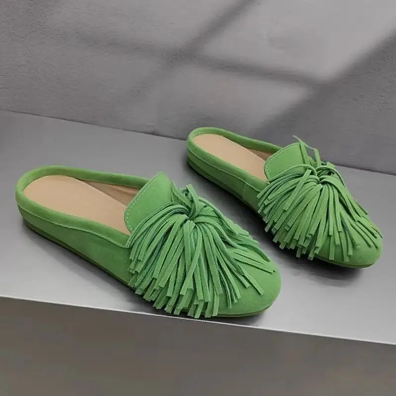DIMANYU Women's Mules Shoes Genuine Leather 2026 New  Women Slippers Flat Tassel Closed-Toe Female Large Size Slippers Women 