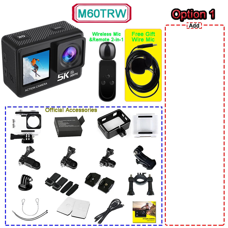 Action Camera 5K 4K60FPS  50MP 2" Touch Dual Screen 5X Zoom Wi-Fi EIS  170° DVR Webcam Wireless Mic 30M Waterproof Sport Camera