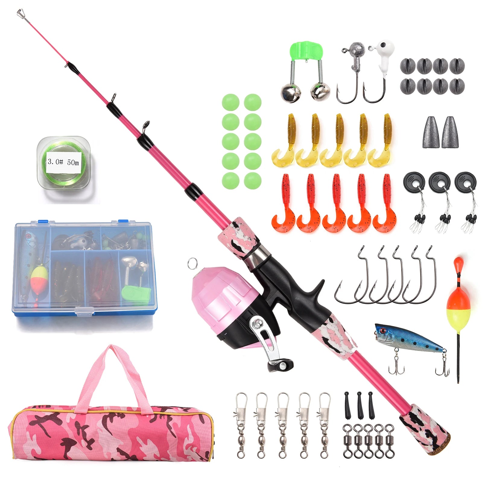 Kids Fishing Rod and Reel Combo Full Kit 1.2m/1.5m Telescopic Casting Rod Pole with Spincast Reel and Hooks Lures Swivels Carry