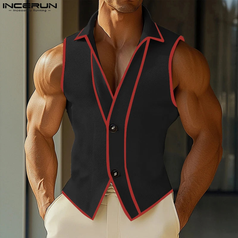 INCERUN Summer Men Vests Patchwork Lapel Sleeveless Button Casual Male Waistcoats Streetwear 2025 Fashion Vests Oversize S-5XL
