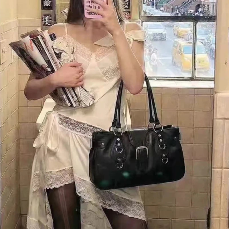 Korean Y2k Retro Pu Leather Large Capacity Handbag Mint Green Underarm Shoulder Bag Lipstick Wallet Storage Bags Woman Bag