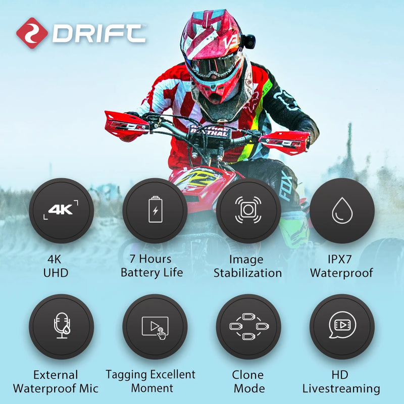 Drift Ghost XL Pro 4K PLUS HD Action Camera 3000mAh Battery WiFi IPX7 Waterproof Rotatable Lens Helmet Cam Motorcycle Bicycle