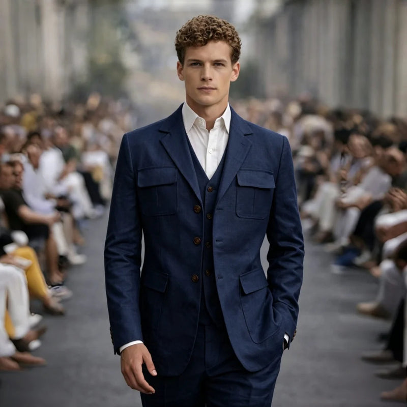 Linen Summer Three Pieces Safari Suit Separates Blazer with Vest Pants for Men Wedding Groom Tuxedo Terno Masculino Men Suit Set