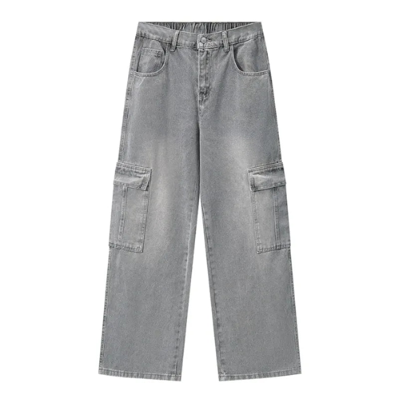 Men Vintage Wash Cargo Wide Leg Jeans Big Pockets | SAMAG