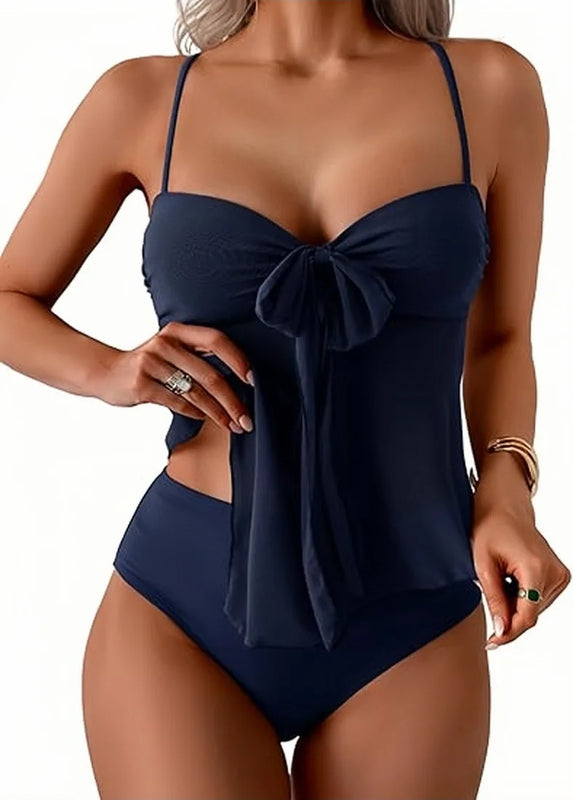 Women Solid Front Bow Chiffon Tankini Spaghetti Strap | SAMAG