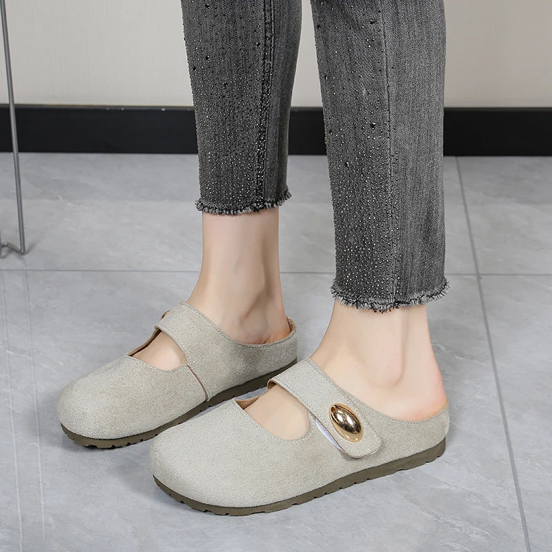 Free Shipping Women's Suede Mary Jane Mules,Casual Backless Flat Clogs,Comfortable Slip-on Slippers,Retro Minimalist Daily Shoes