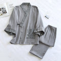 Men Japanese Kimono Pajamas Set Cotton Robe Pants Kimono Haori Yukata Nightgown Sleepwear with Pocket Lace Up