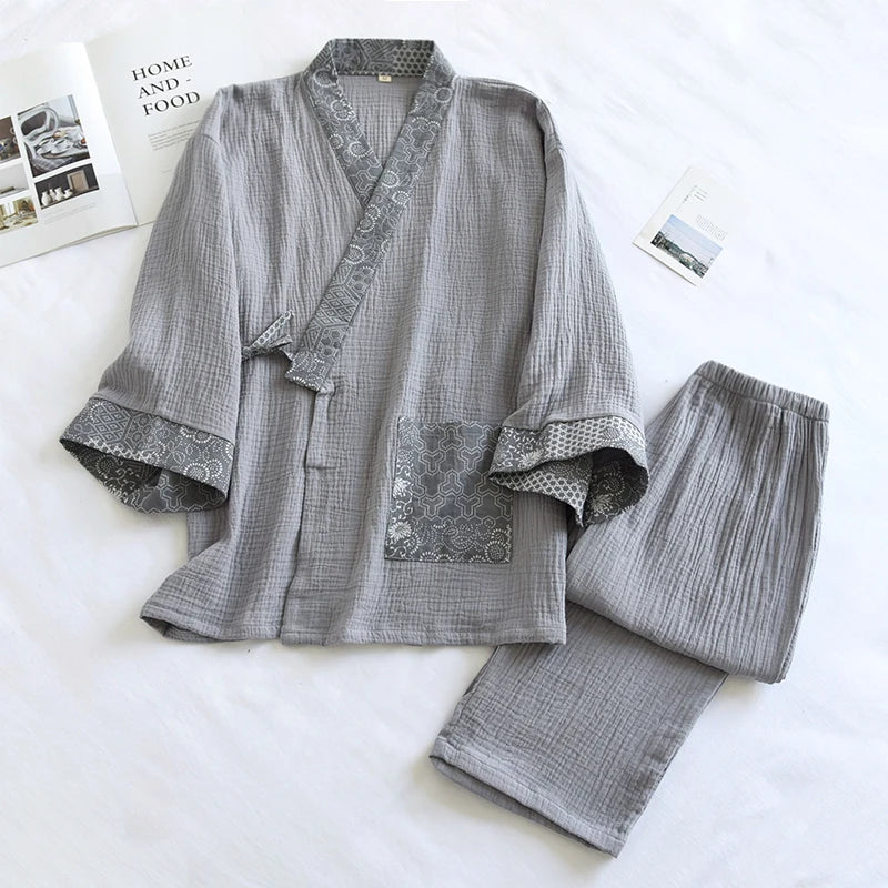 Men Japanese Kimono Pajamas Set Cotton Robe Pants Kimono Haori Yukata Nightgown Sleepwear with Pocket Lace Up