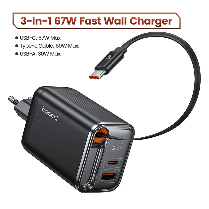 Toocki 67W GaN Charger With Retractable Type-C Cable Digital Display PPS PD3.0 Fast Charger for iPhone 17 16 Samsung S25 S24