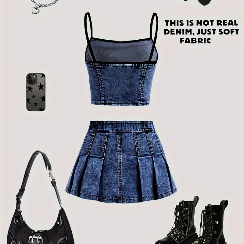 Girls' Casual Short Skirt Set, Faux Denim Camisole | SAMAG