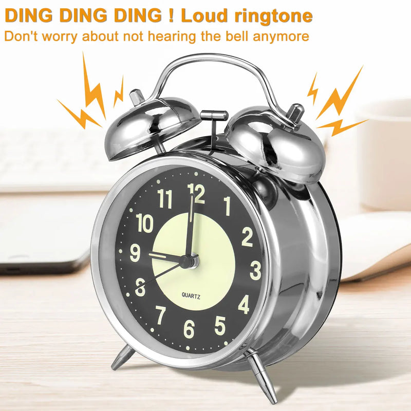 4 Inch Super Loud Alarm Clock for Heavy Sleepers Metal Retro Twin Bell with Backlight Quartz Analog Clock for Bedroom Bedsides