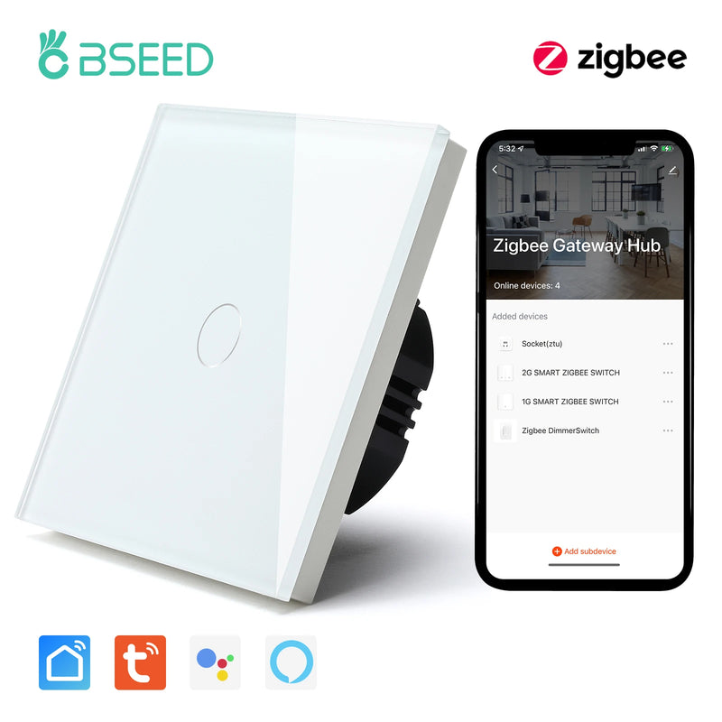 BSEED Zigbee Wall Switches Smart Touch Screen Light Switch 1/2/3Gang 1/2/3Way Google Alexa Tuya App Control No Neutral Line
