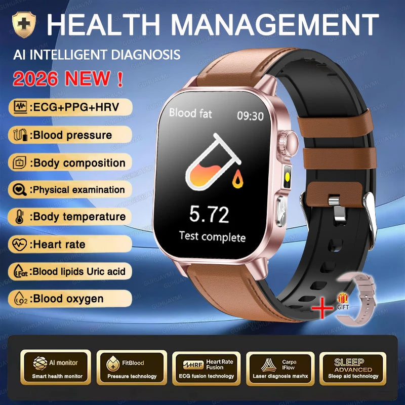 New Men Accurate Health Diagnosis ECG Smart Watch Blood Pressure Blood Oxygen Blood Fat Uric Acid Temp Bluetooth call Smartwatch