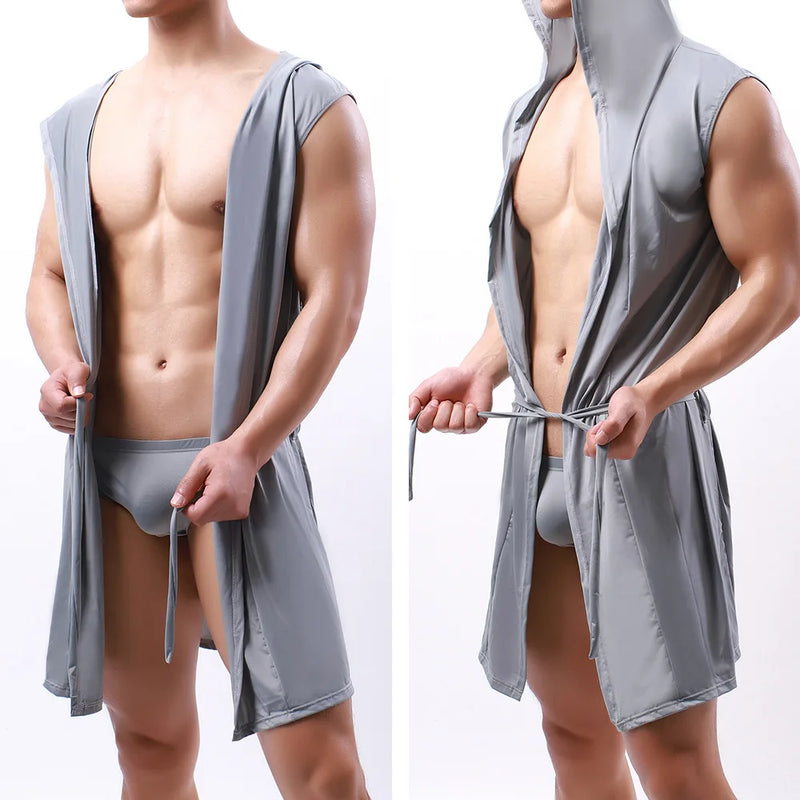 Men's Nightgown Sleeveless Oversized Silky Male Pajamas Hooded Bathrobe Ultra-thin Homewear Bath Robe Home Clothe