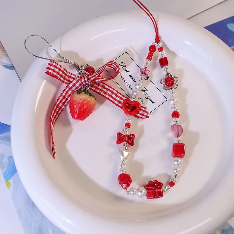 1 Pc Large Red Love Bow Mobile Phone Chain Niche Instagram Style CCD Camera Mobile Phone Hanging Rope