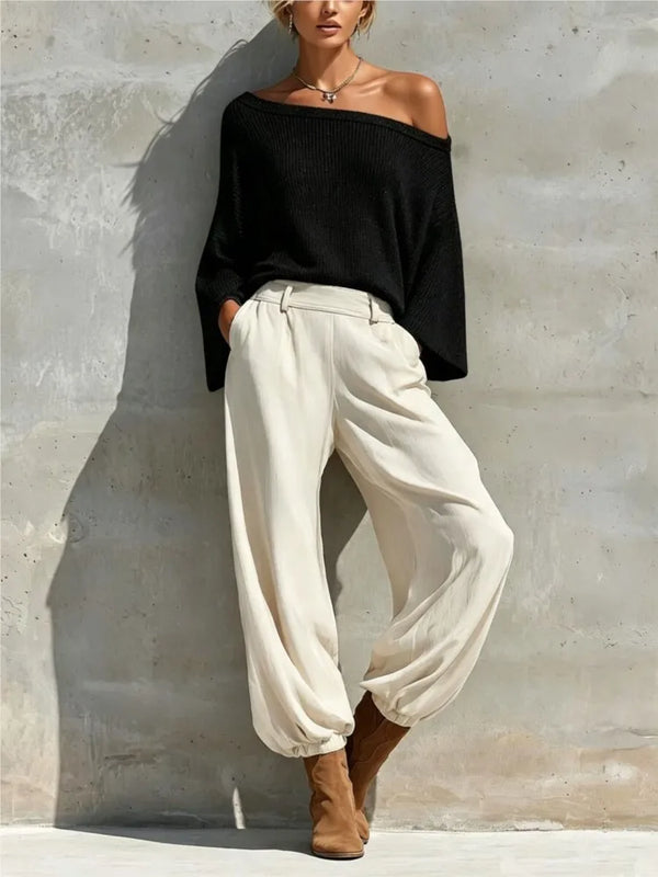 Fashionable Off-shoulder Top And Casual Trousers Two-piece Suit 2026 Autumn And Winter New Solid Color Slope Collar Women's Suit