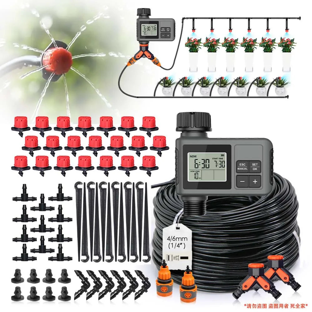 30-5m Garden LCD Button Timer Irrigation Set 0-80L/H Rotating Adjustable Nozzle Intelligent Display Automatic Watering System