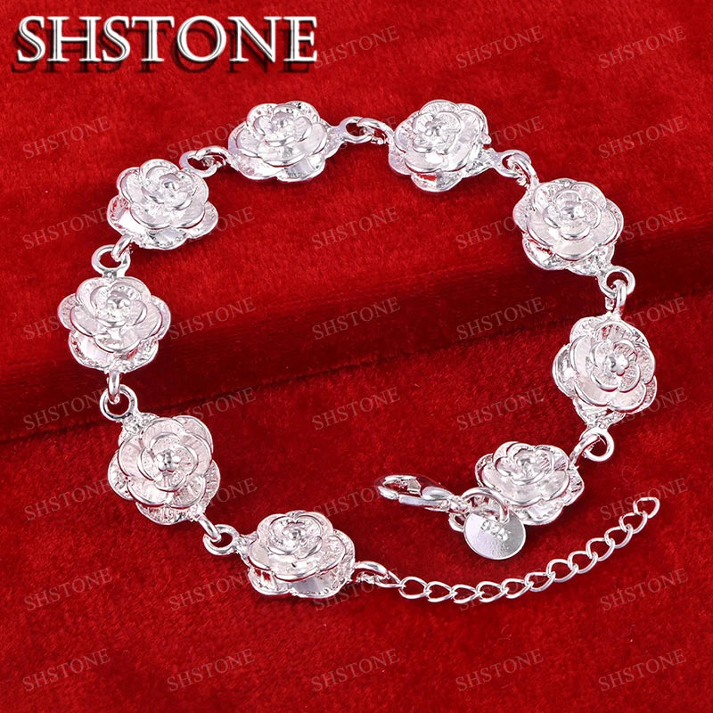 SHSTONE 18K Gold Lotus Flower Link Bracelets For Woman Party Wedding Engagement Christmas Birthday Fashion Jewelry Lady Gift