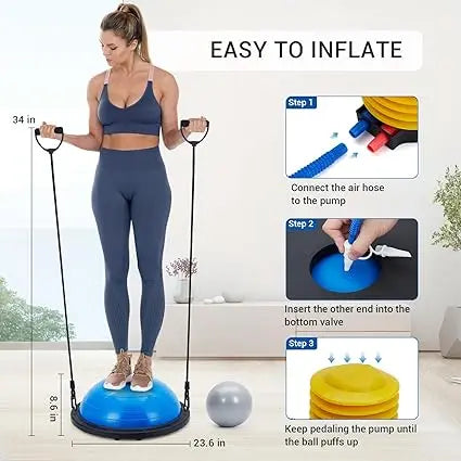 Half Exercise Ball,60Cm Balance Ball Trainer with Non-Slip Base,2 Bands,Pump & Extra Balls For Yoga Workouts Pilates Fitness
