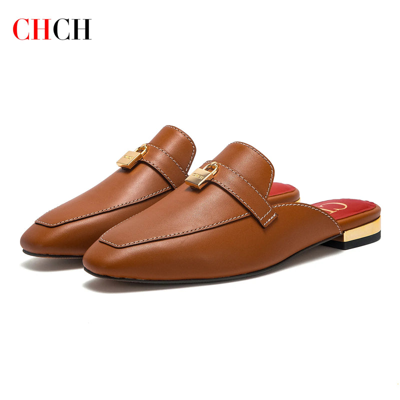 CHCH Women's Muller Shoes 2026 New High Quality Cow Leather Women's Flat Shoes Round Head