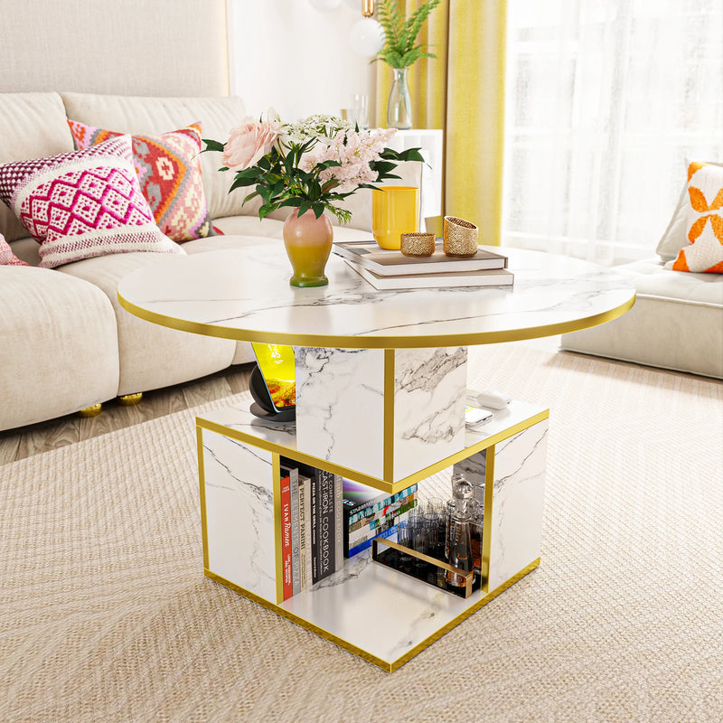 3-Tier Round Coffee Table with Storage, Modern Coffee Table for Living Room, Wooden Tabletop-Marble White with Gold Frame
