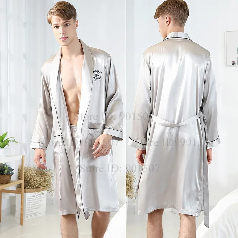 Spring Autumn Male Robe 3PCS Sleepwear Set Ice Silk Kimono Bathrobe Gown Loungewear Loose Casual Satin Homewear Nightwear 3XL