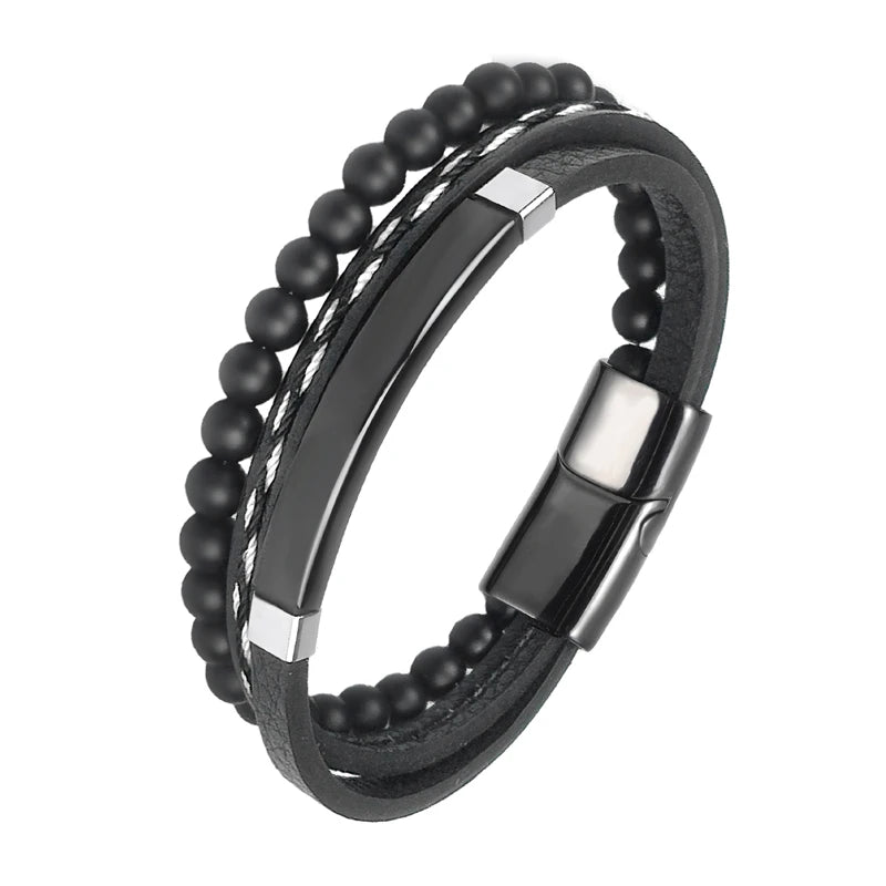 MingAo Charm Men Jewelry Natural Stone Multi-Layer Leather bracelet Black Stainless Steel Magnetic Clasp Tiger eye Bead Bracelet