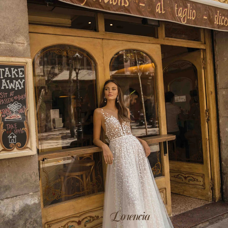 Lorencia Sexy Plunging V - Neck Lace Beach Wedding Dresses - View 4 | SAMAG