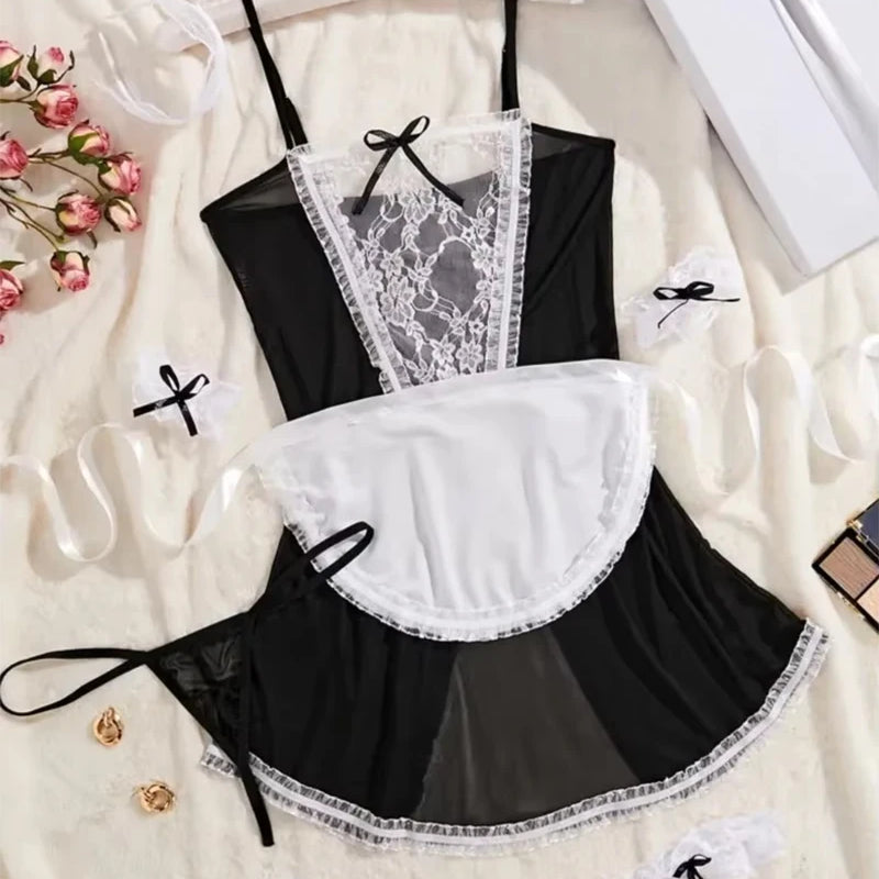 Sexy Lingerie Women Cosplay Bra Set Hot Erotic Servant Lolita Costumes French Apron Maid Dress Porn Uniform Teddy Underwear Set