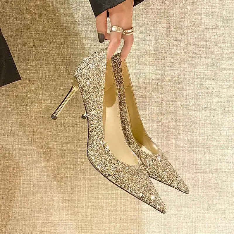 2024 Fashion Spring New Autumn Woman 9CM/7CM High Heels Silver Wedding Shoes Stiletto Pointed Toe Slip-on PU Bling Luxury Ladies