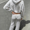 Spring Autumn Women's Hoodie Trousers 2piece Set Solid Vintage Shiny Wing Print Long Sleeve Zip Up Casual Sweatshirt Streetwear