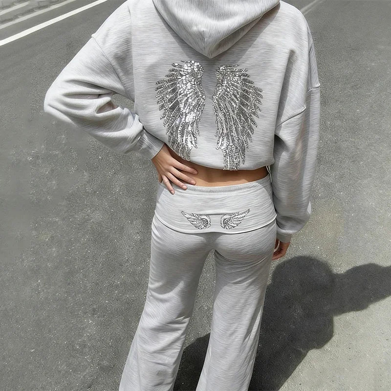 Spring Autumn Women's Hoodie Trousers 2piece Set Solid Vintage Shiny Wing Print Long Sleeve Zip Up Casual Sweatshirt Streetwear