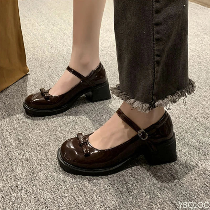 women's Bow versatile high heels Mary Jane thick soled leather shoes Fashion elegant shoes Trendy ladies pumps Zapatos Mujer