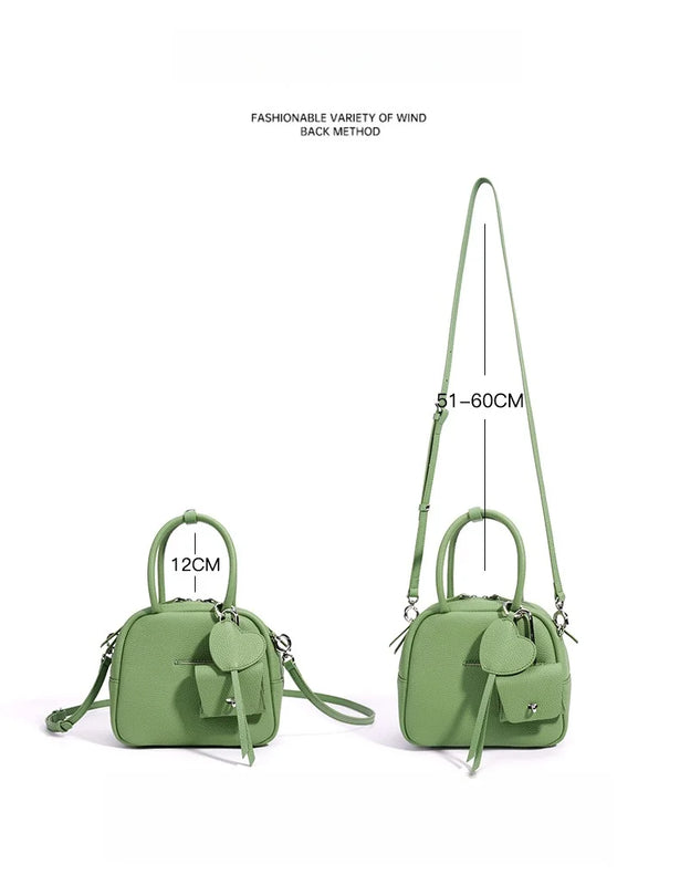 2026 New Women's Top Grain Leather Boston Bag Cute Heart Charm Mini Pocket Tassel Handbag Shoulder Crossbody Bag