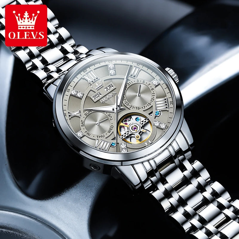 OLEVS 6701 Man Watch Fashion Top Brand Stainless Steel Hollow Skeleton Flywheel Automatic Mechanical Waterproof Watch for Men