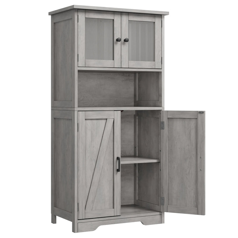 Free Standing Kitchen Pantry Cupboard with 4 Doors and Open Space 128cm Bathroom Tall Cabinet with Tempered Glass Doors