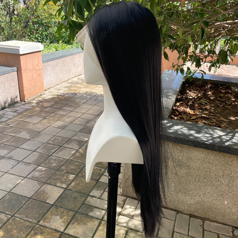 #1B Jet Black Synthetic Hair Full Lace Wigs for Black Women Heat Resistant 26 Inch Long Straight Full Hand Tied Free Part 150%